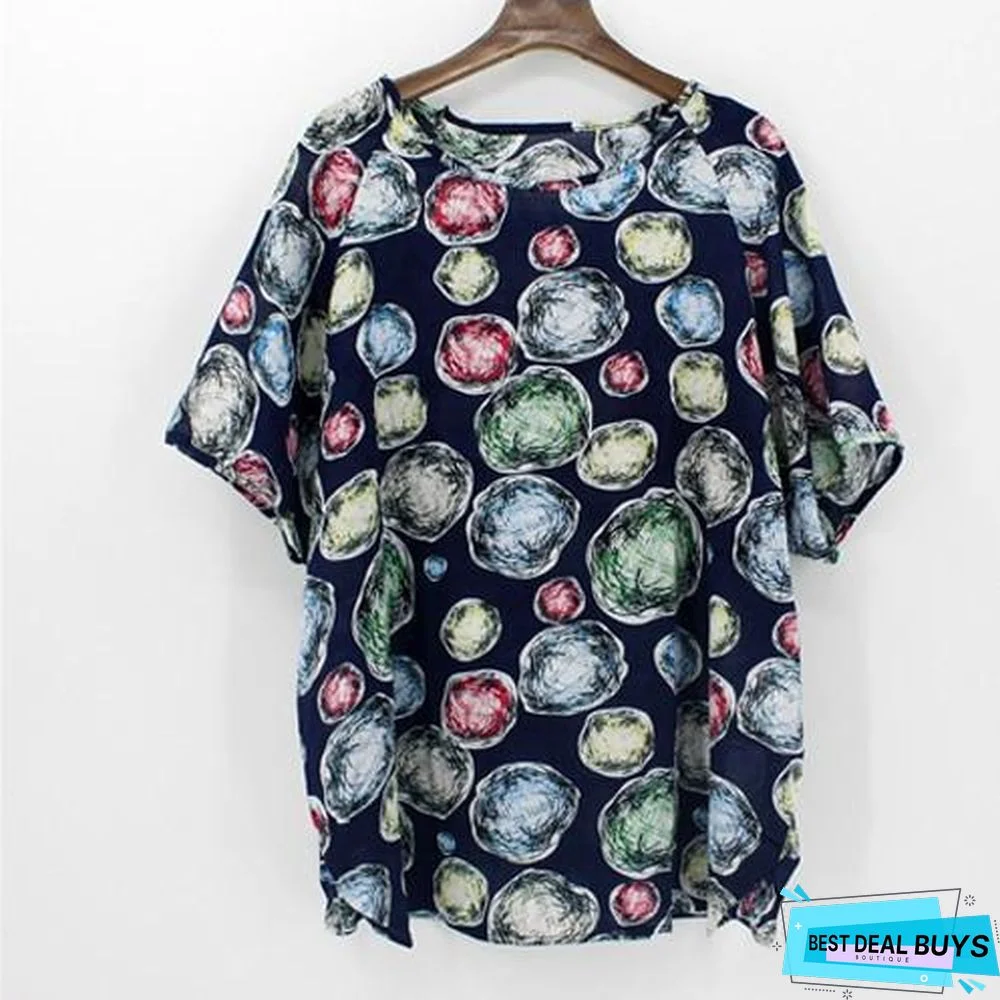 Plus Size Women Batwing Casual Tops Tees Floral Print Cotton Linen Blouses