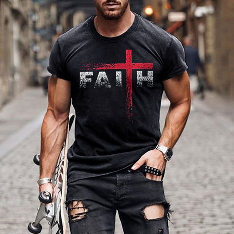 BrosWear Faith Cross Printed Casual Short Sleeve T-Shirt