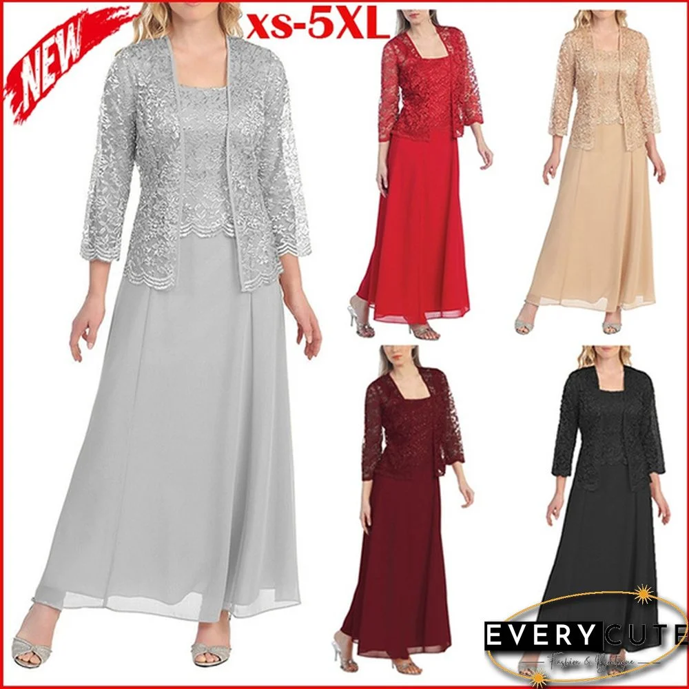 New Women lace cardigan and chiffon maxi skirt Two-piece Ladies Fashion Long Chiffon Dress Mother of Groom Dress with Lace Long Sleeve