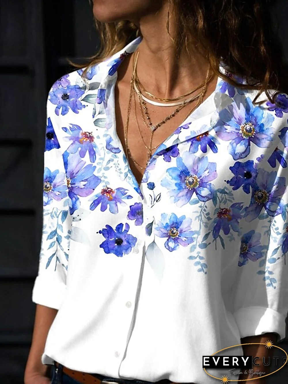 Floral Casual Buttoned Shirt Collar Long Sleeve Loosen Blouse