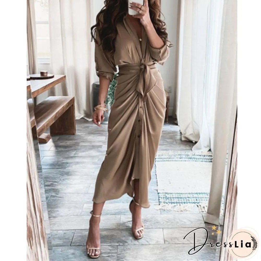 Women's Fashion Summer Long Sleeve V-Neck Button Print Dress Long Skirt