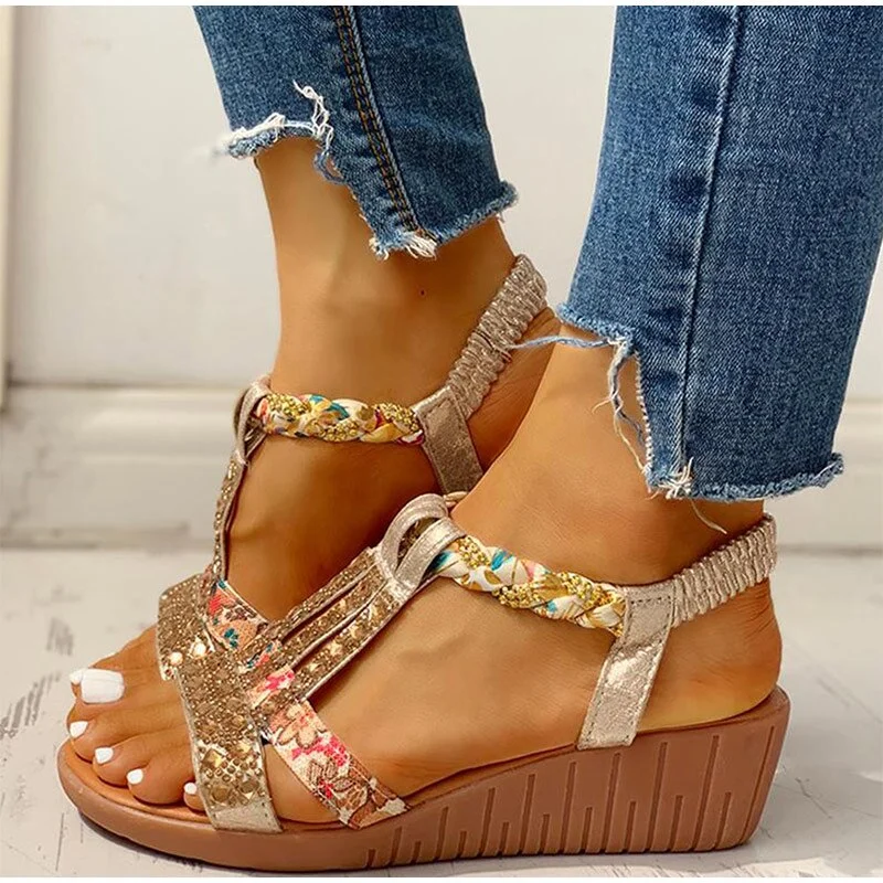 2021 Women's Sandals Summer Bohemia Platform Wedges Shoes Crystal Gladiator Rome Woman Beach Shoes Casual Elastic Band Female