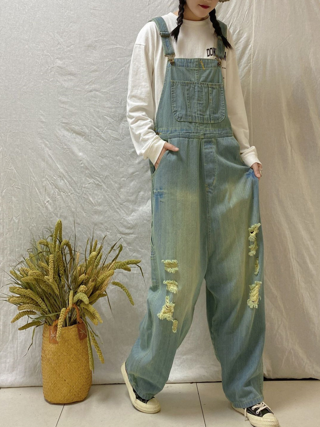 Women's Casual Retro Cropped Workwear Denim Overalls Jumpsuit