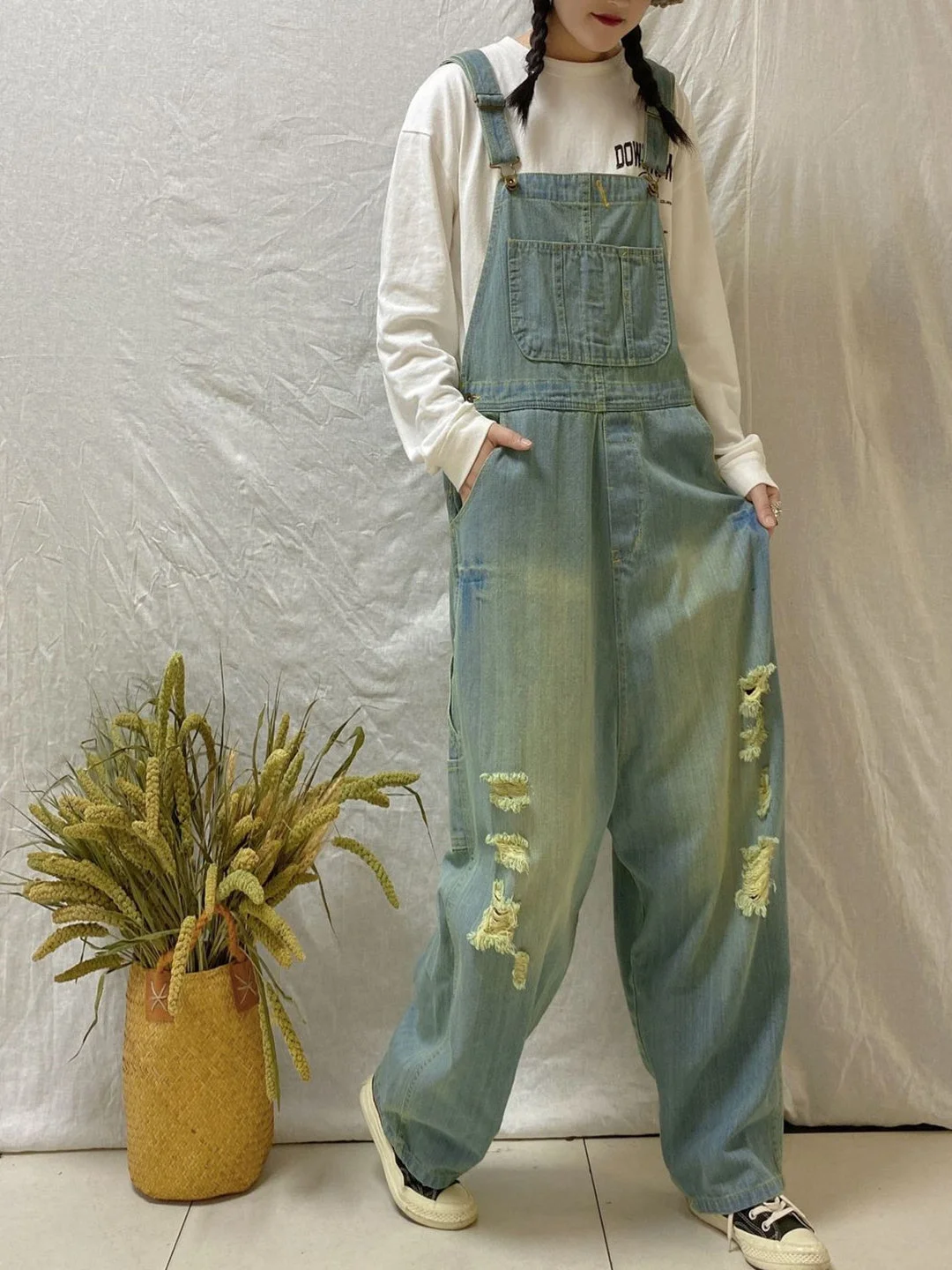 Women's Casual Retro Cropped Workwear Denim Overalls Jumpsuit
