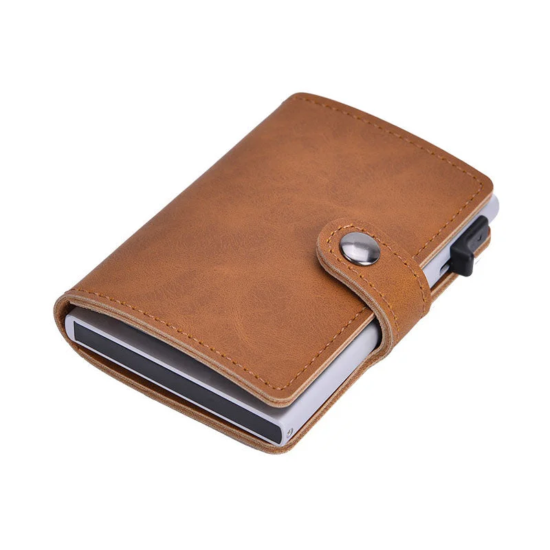 Graduation Gift Big Sale Blocking Vintage Men Credit Card Holder Aluminum Alloy Business ID Card Case Automatic Male Metal Leather Cardholder Wallet 2022