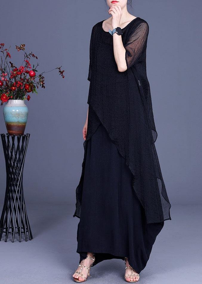 Art Black Elegant Asymmetrical O-Neck Summer Dresses Two Pieces Set
