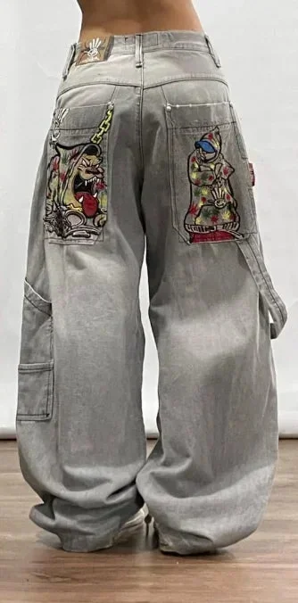 Aonga American New Street Hip-Hop Loose Jeans Y2K Vintage Harajuku Cowboy Pants Men's Women's Gothic Punk High Waist Wide Leg Pants aonga