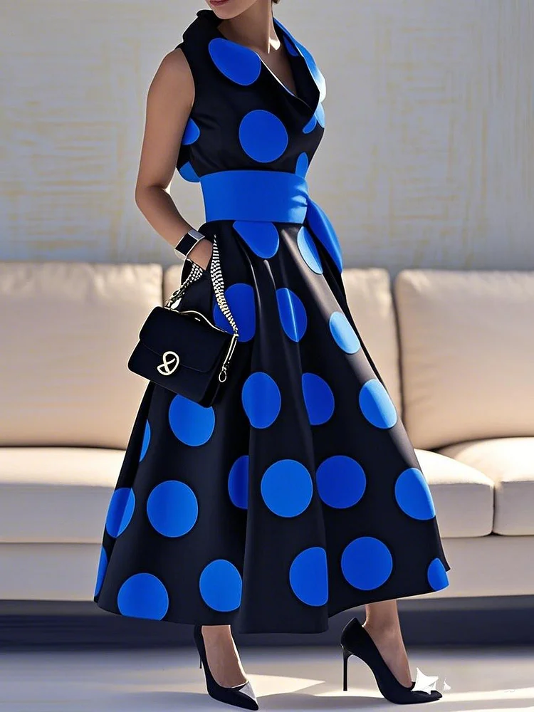 Tied Waist Split-Joint Polka-Dot Pockets Sleeveless Loose V-neck Shirt Dress Maxi Dresses