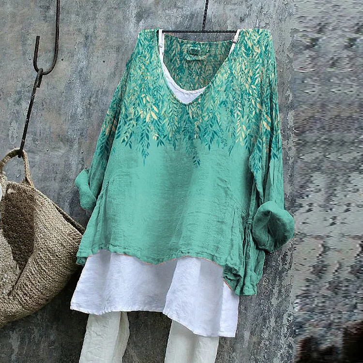 Vintage Floral Art Cotton Linen V Neck Casual Shirt