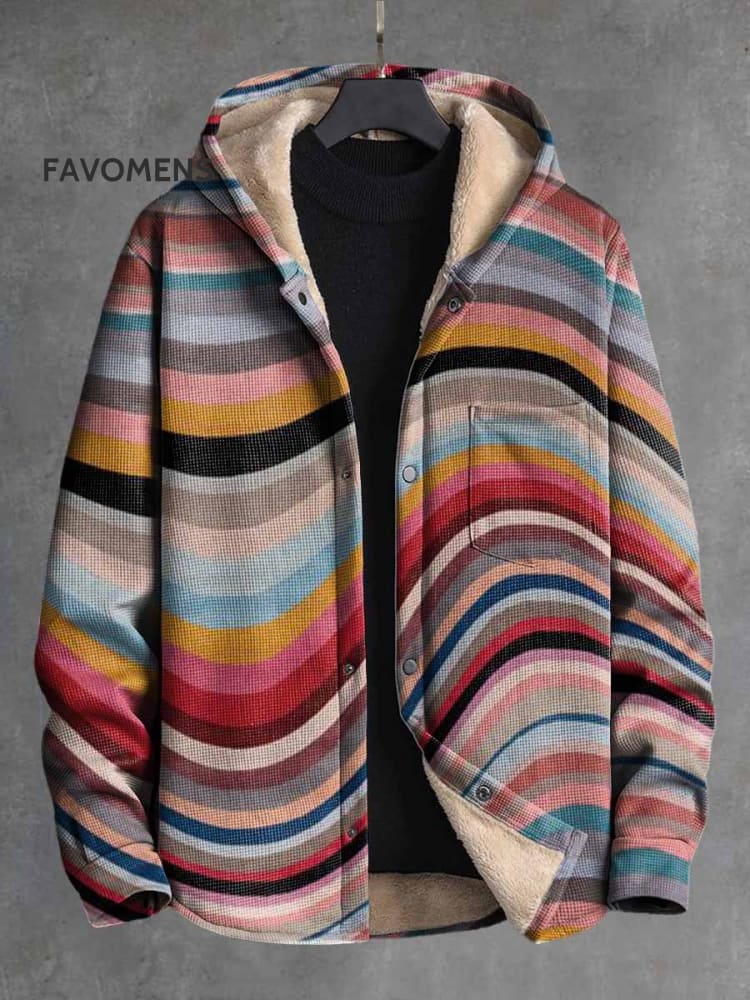 Reto Color Stripes Wavy Print Waffle Plush Thick Long-Sleeved Hooded Coat Multicolor / S