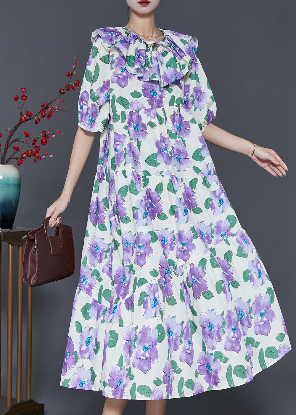 VCSHOES Purple Peter Pan Collar Floral Cotton Maxi Dresses Summer