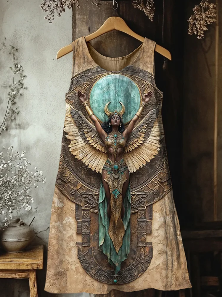 Ancient Egyptian Goddess Art Pattern Linen Midi Dress