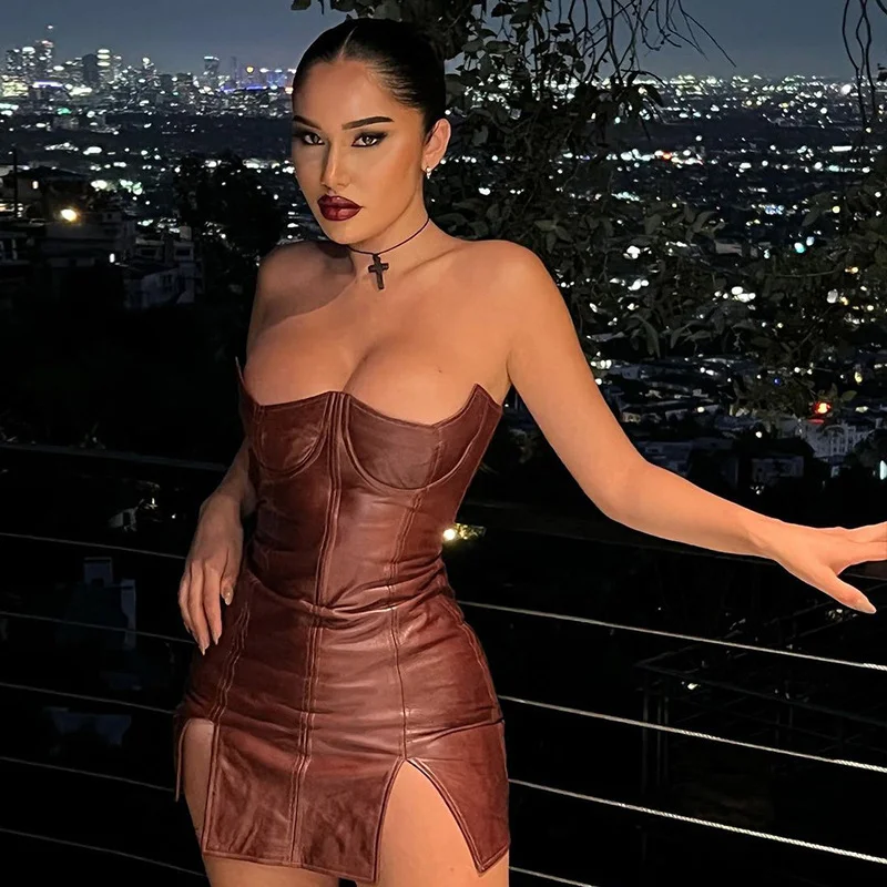 Woherb Woherb Women's 2023 New PU Leather Personality With Chest Sexy Tight Package Hip Sleeveless Backless Dress Women-Outfit Ideas