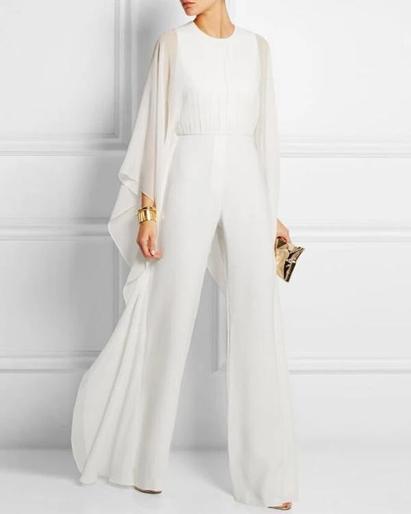Solid Cape Sleeve Hollow Out Chiffon Wide-Leg Jumpsuit