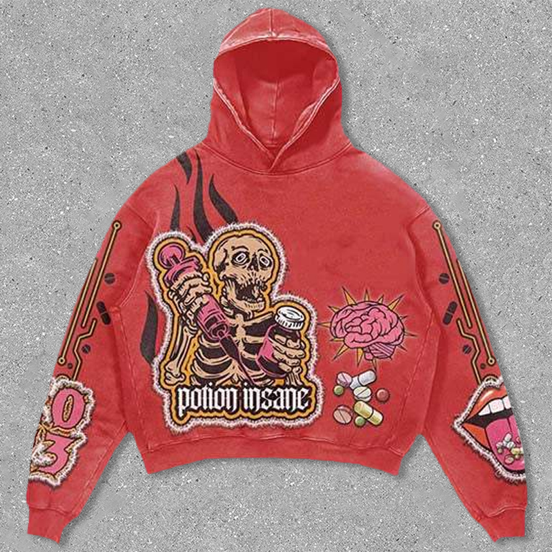 Skull injection drug lettering print hoodie