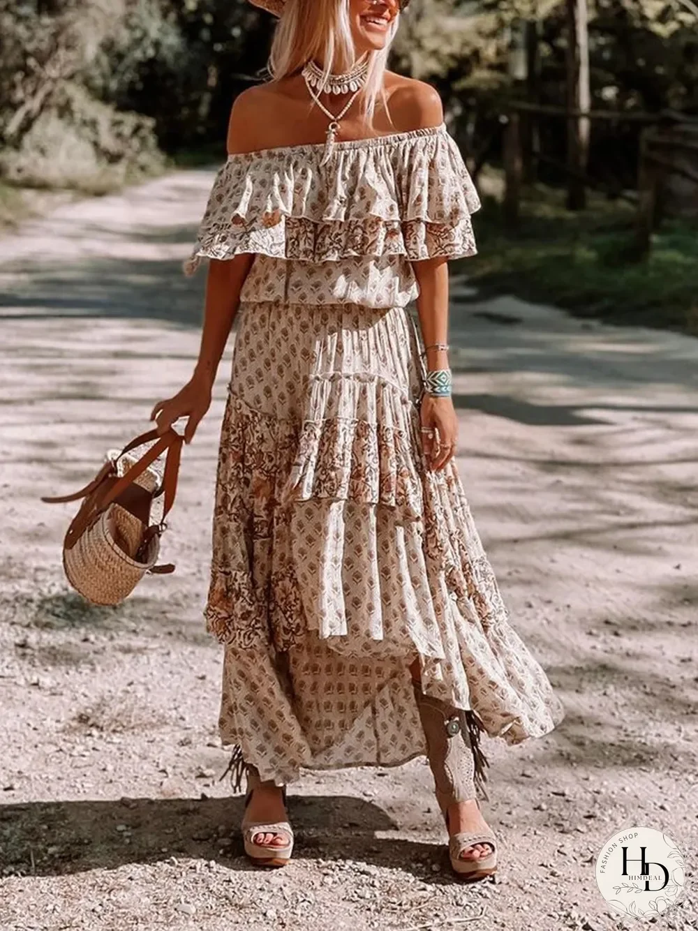 Off-the-shoulder Ruffle Smocked Print Maxi Dress P13703