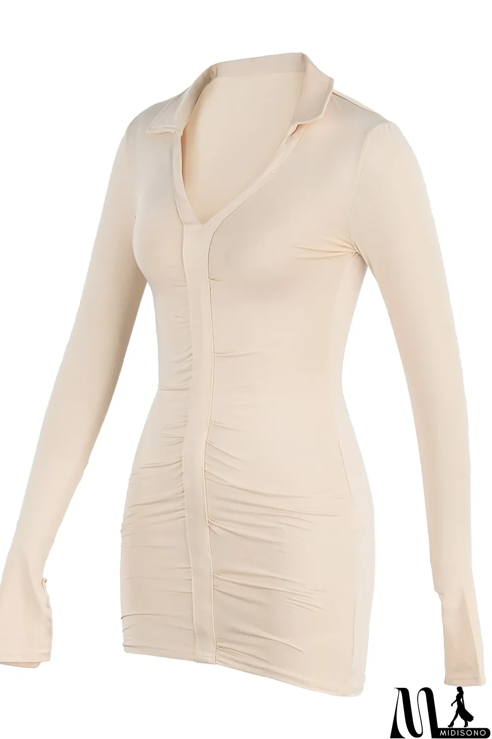 MidiSono - Apricot Fashion Sexy Solid Slit Turndown Collar Long Sleeve Dresses
