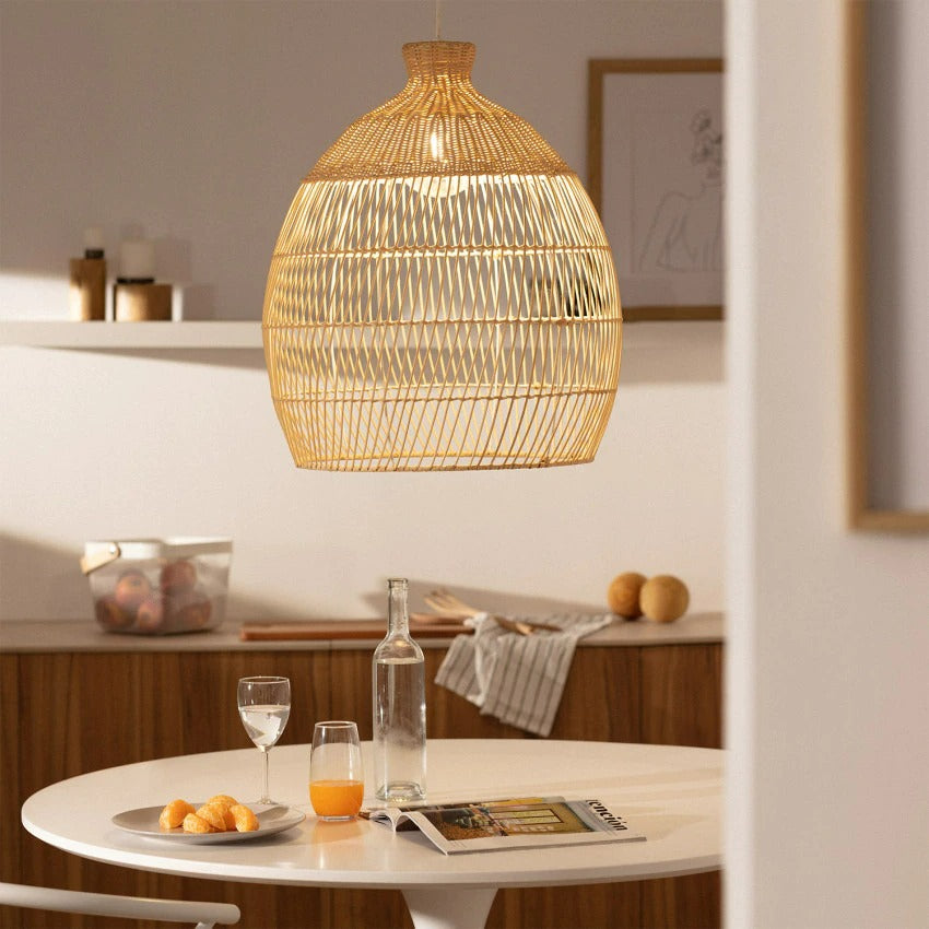 Woven Rattan Pendant Light Over Kitchen Island