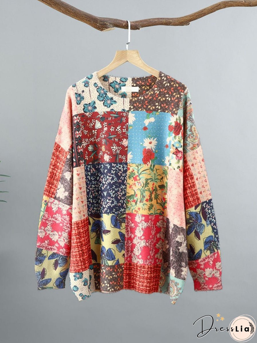 Women Ethnic Flower Patch Spliced O-Neck Sweater