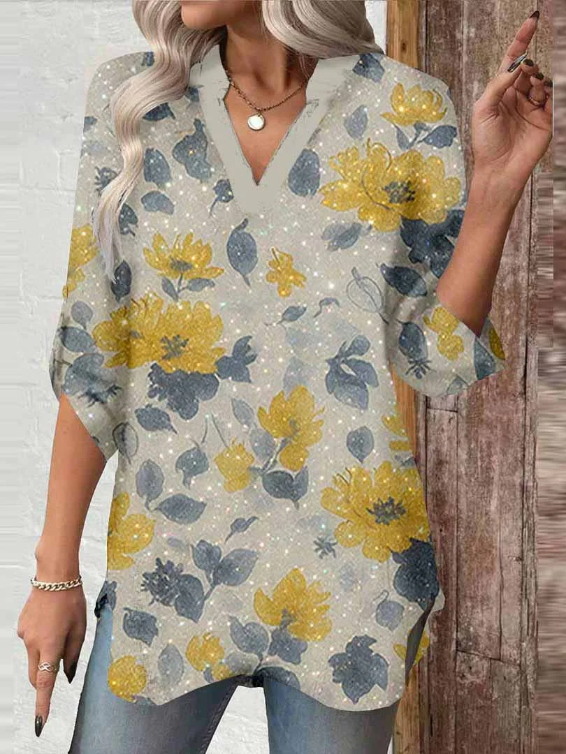Women Glitter,Floral,Yellow DZGA0002 3/4 Sleeve V-neck Printed Graphic Button Tops