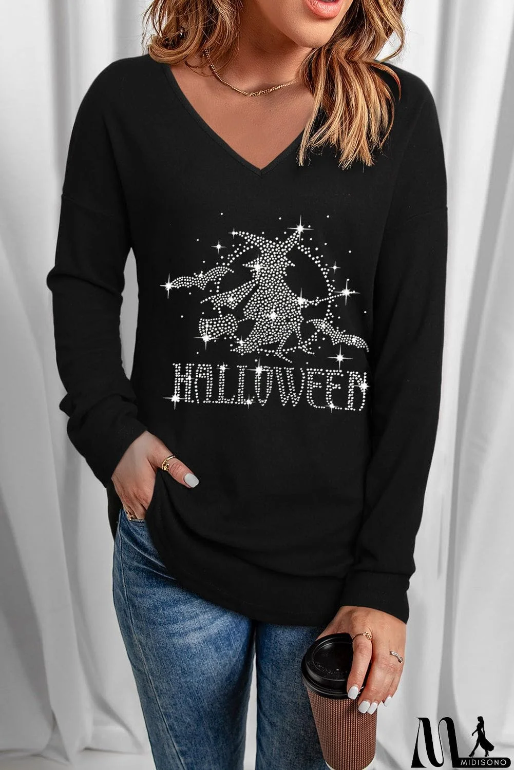 MidiSono - Halloween Witch Shining Graphic Print V Neck Top