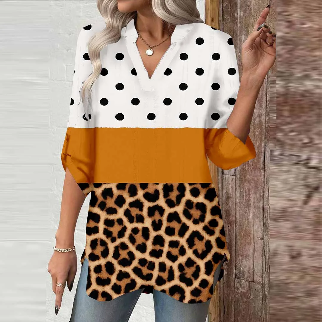 Women Polka Dot, Striped, Yellow DZGA0058 3/4 Sleeve V-neck Printed Graphic Button Tops