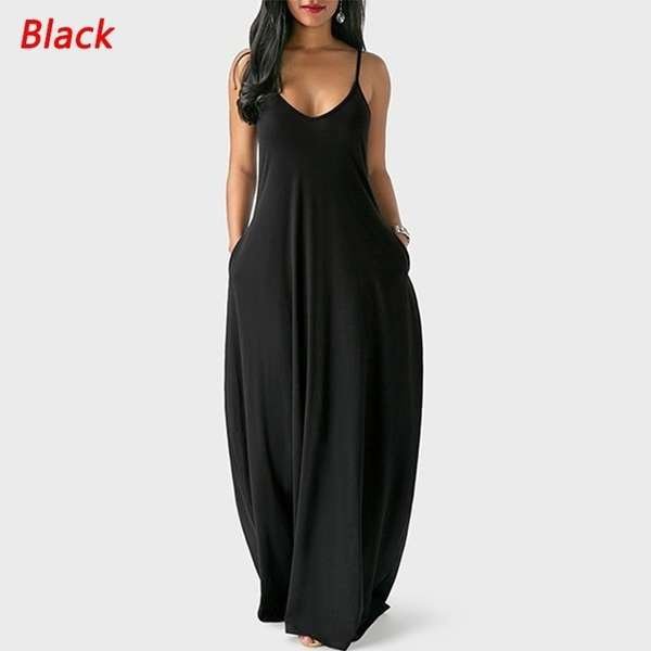 Women Summer Casual Loose Sling Dress V-neck Backless Dress Sleeveless Pockets Solid Color Maxi Dress - BlackFridayBuys