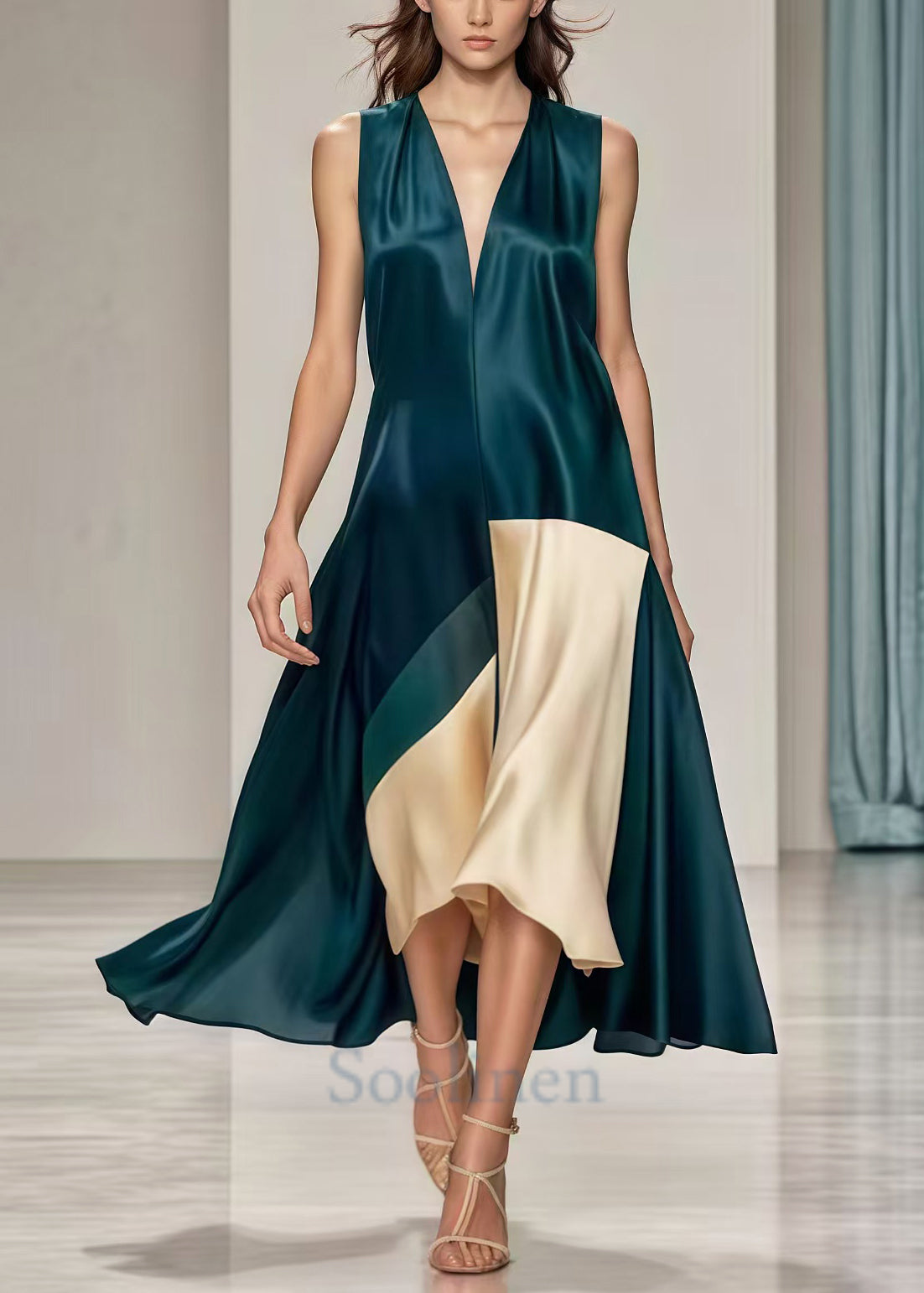 VCSHOES Blackish Green V Neck Patchwork Draping Silk Dress Summer