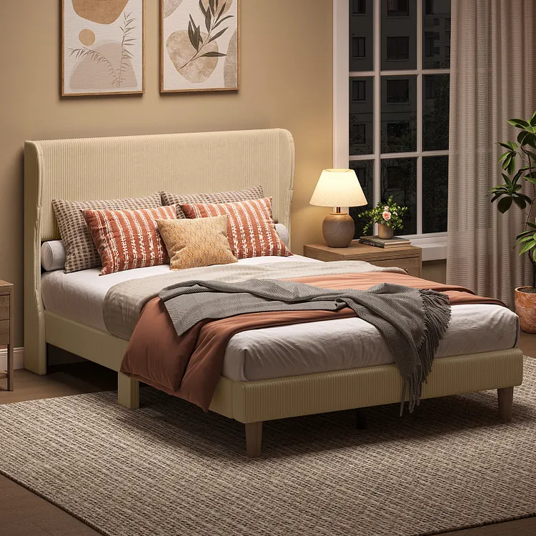Bestier Corduroy Upholstered Bed Frame with Wingback Headboard