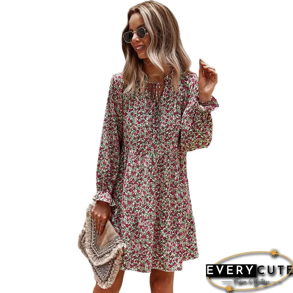 Pink Floral Print Lace-up Long Sleeve Dress