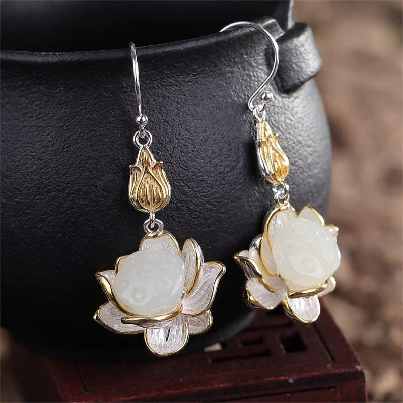 White Jade Lotus Harmony Protection Drop Earrings