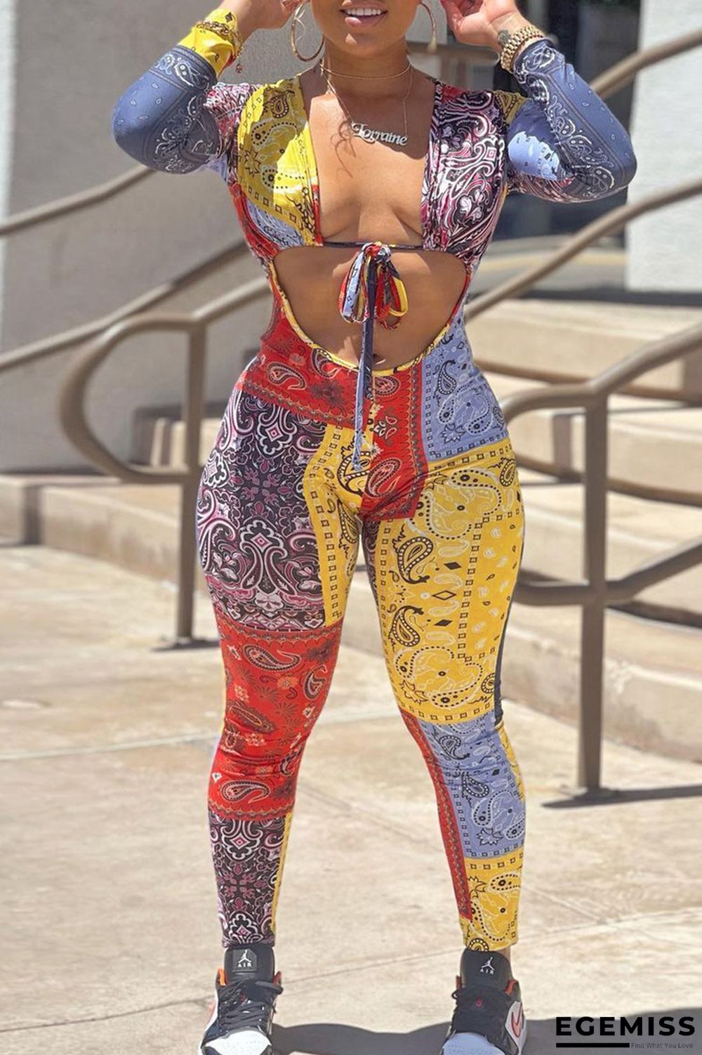 Yellow Fashion Sexy Print Bandage Hollowed Out V Neck Skinny Jumpsuits | EGEMISS