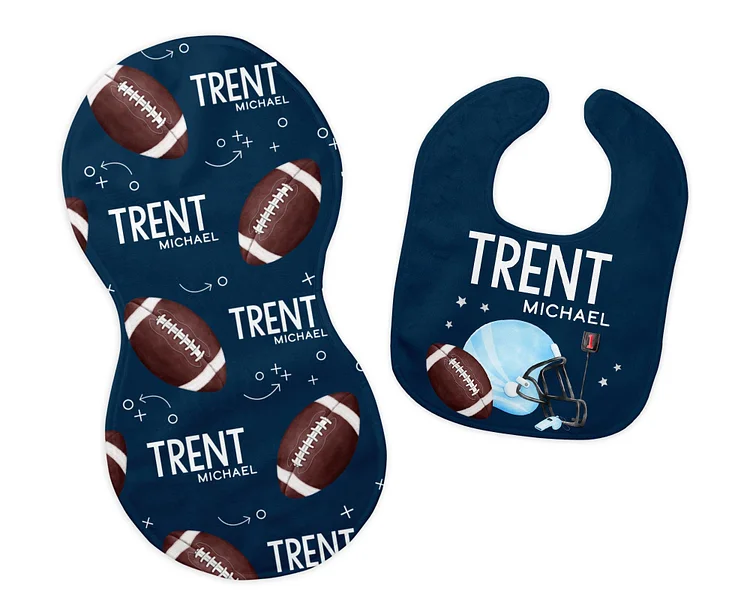 Personalized Boy Football Bib and Burp Cloth Set|Set03