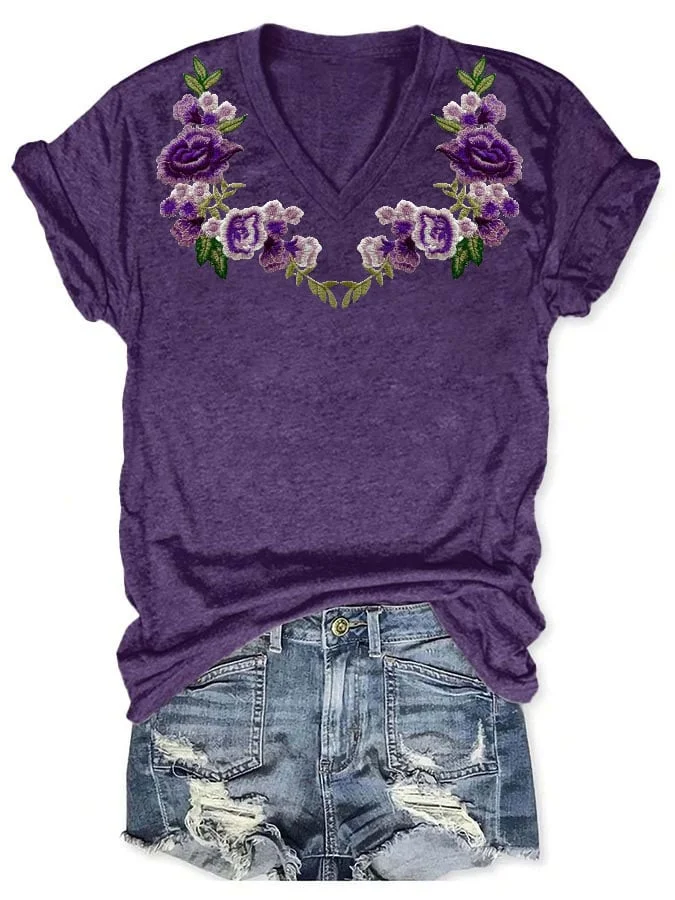 Women's Alzheimer's Awareness Purple Floral Print V-Neck T-Shirt socialshop