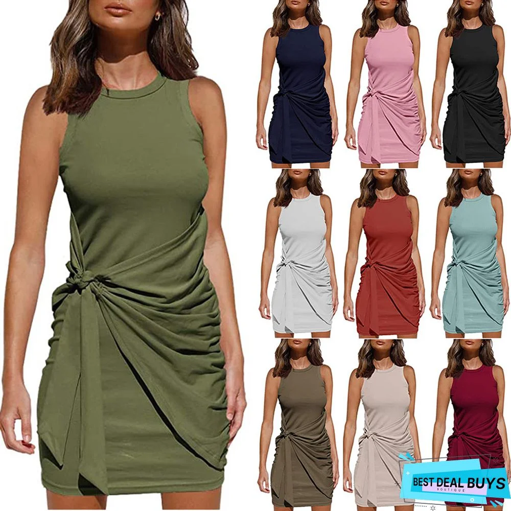 Casual Solid Color Knotted Pleated Vest Dress For Women