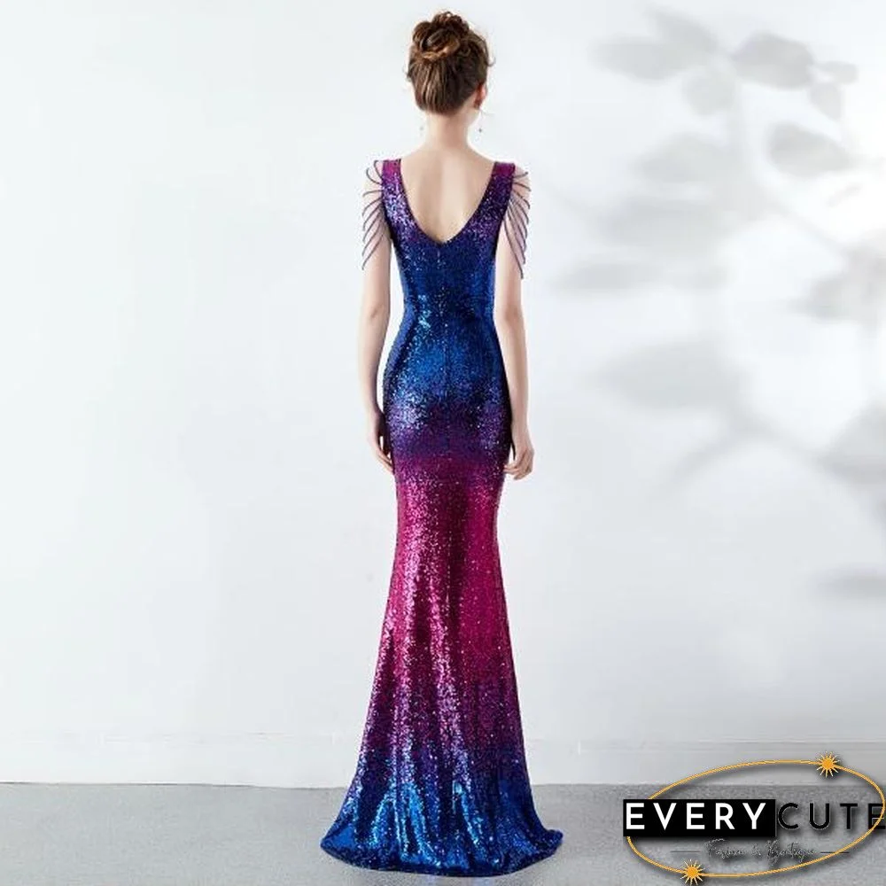 6 Colors Sexy Sequined Evening Party Gowns Women's Deep V Neck Floor-length Cocktail Dress Slim Mermaid Prom Dresses