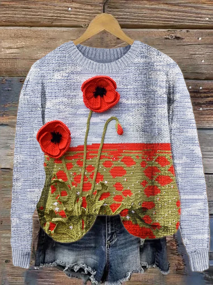 Poppy Field Crochet Art Cozy Knit Sweater