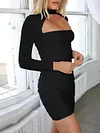 Sexy Hollow Long Sleeve Slim Solid Color Mini Dress