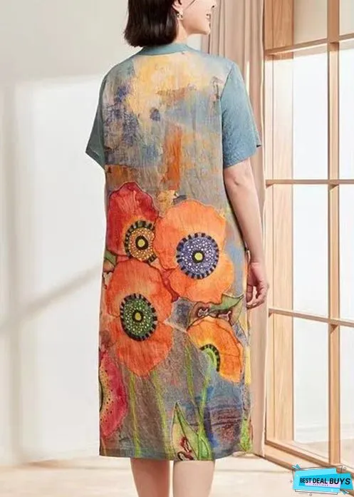 Women Blue Print Pockets Cotton Dresses Short Sleeve