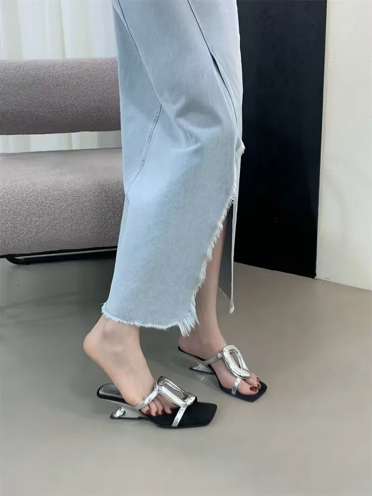 Yyvonne Way With Stylish Cool Slippers Wearing 2025 Summer New Square Toe And High-Heeled Sandals Woman