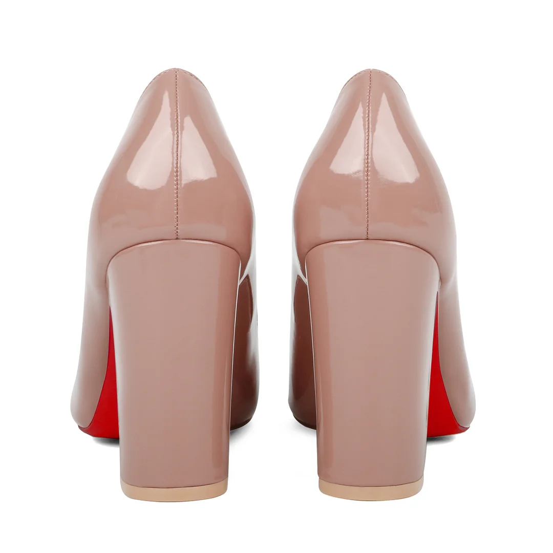 3.5" Women's Chunky Heels Red Bottom Shoes Comfortable Middle Block Heel Patent Pumps-MERUMOTE