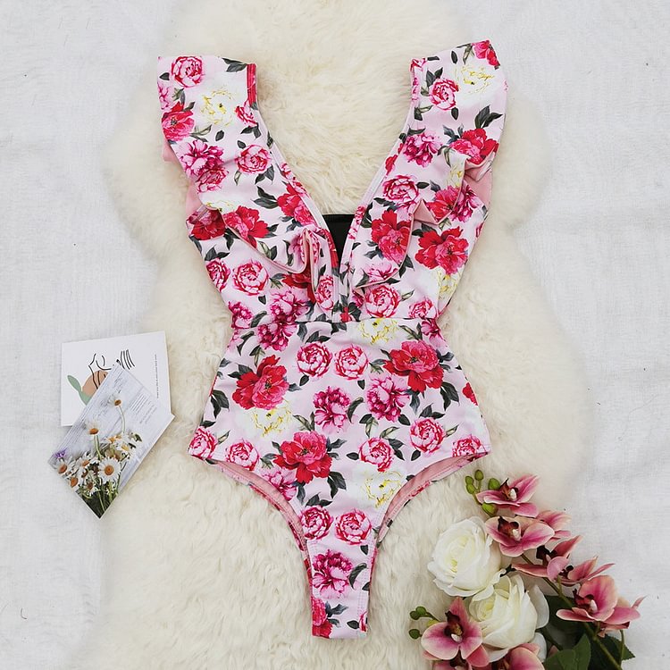 Flaxmaker Ruffle Blossom Print Pink One Piece Swimsuit