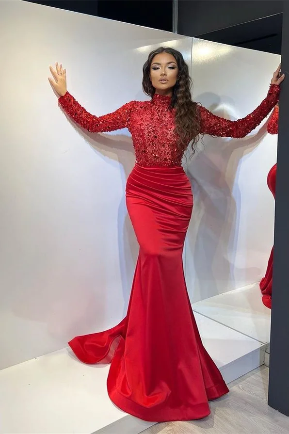 Classic Red Long Mermaid Prom Dress Pleated With Long Sleeves  ED0631