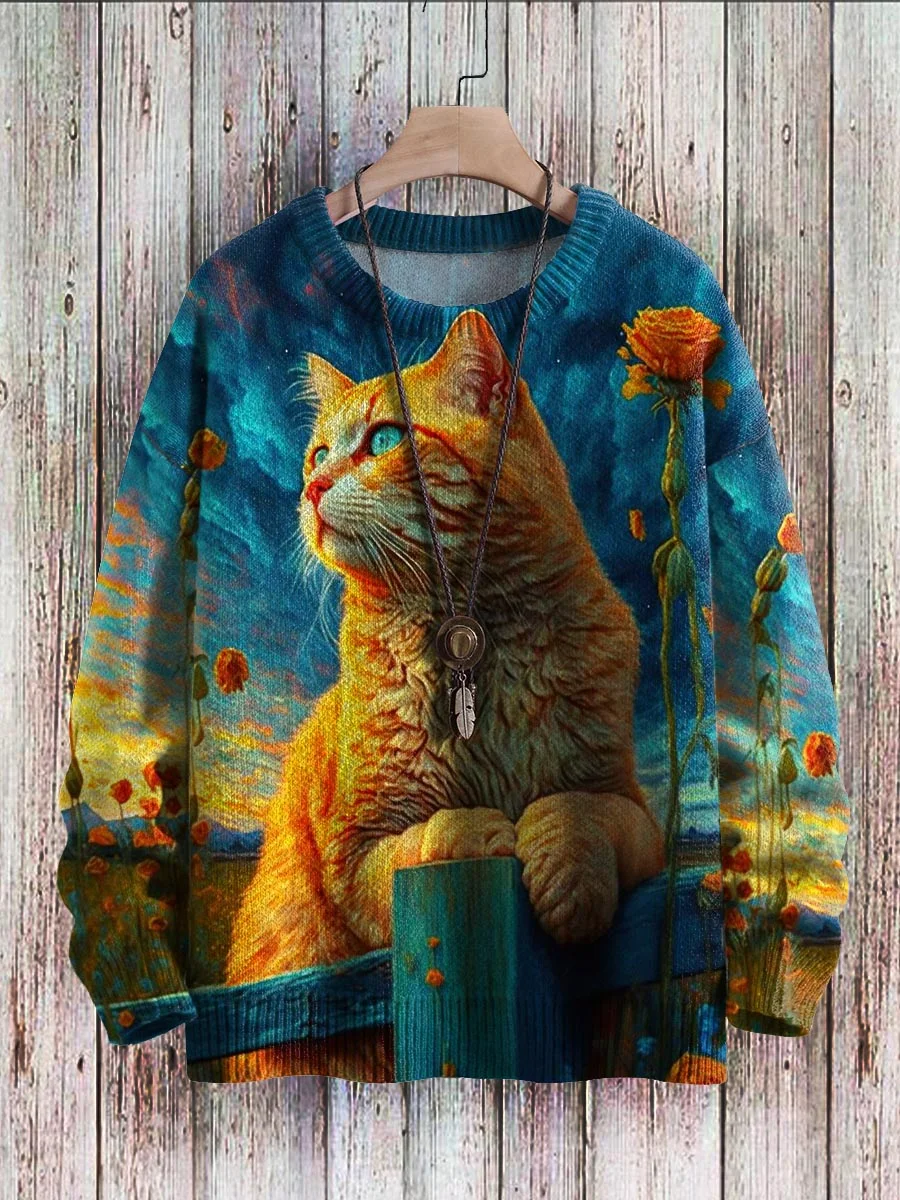 Beautiful Cat Flower Art Pattern Print Casual Knit Pullover Sweater