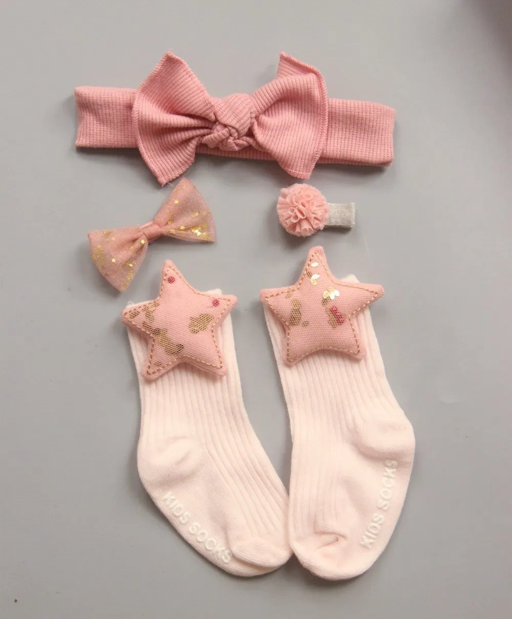 2019 4pcs/Sets Newborn Baby Girl Boy Socks Lace Ruffle Tutu Socks Frilly Ankle Princess Anti Slip Socks+Headband+Hair Pin 0-24M