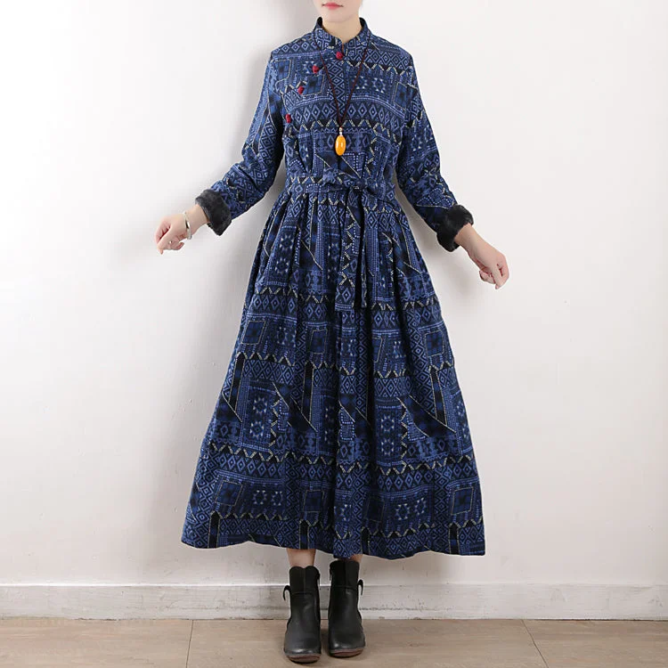 Winter Retro Print Cotton Linen Furred Dress