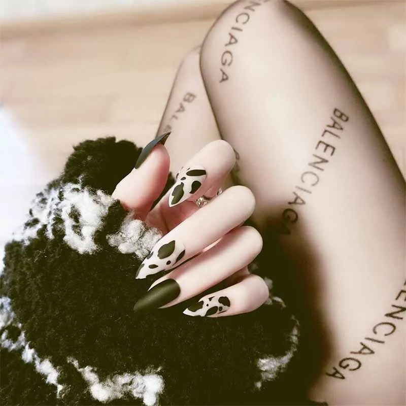 24pcs stiletto false press on nails matte Black color Leopard Wear Finished product wearable full cover acrylic nails products-Nail Inspo