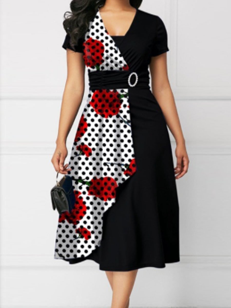 Solid Color Belt Irregular Short Sleeve Midi Dress