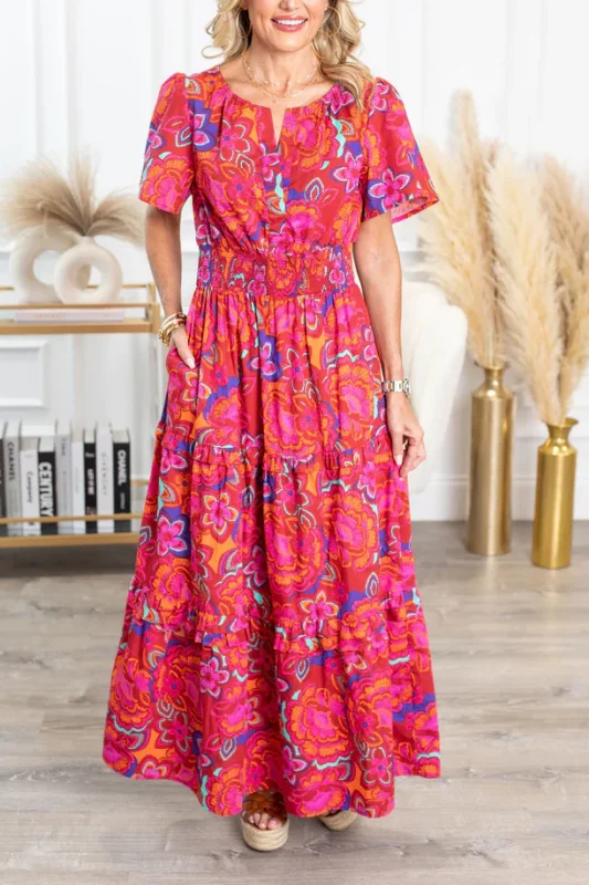 Rose Red Floral Maxi Layered Dress