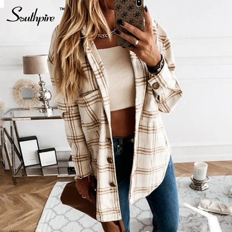 Back To College Southpire Women's Long Sleeve Plaid Blouse Shirt Turn-down Collar Fashion Ladies Casual blouses Simple Loose Top Clothing